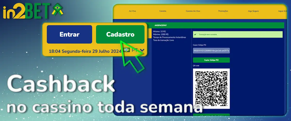 Cashback de cassino toda semana na in2Bet.